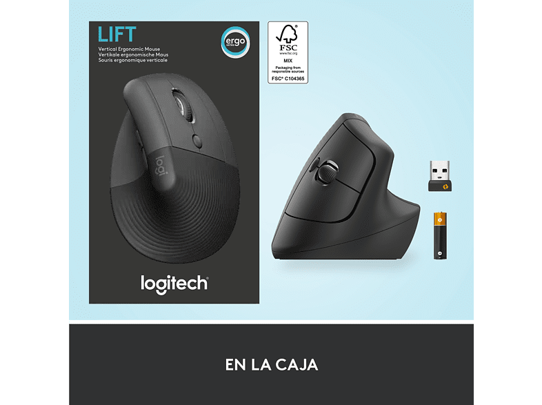 Ratón - Logitech Lift Vertical Ergonómico, Inalámbrico, 4000 ppp, Grafito