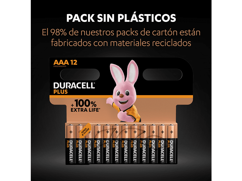 Pilas AAA - Duracell PLUS AAA LR03 / LR3, Pilas alcalinas, Pack 12 Uds, 1.5 V, MN2400, Universal, Negro