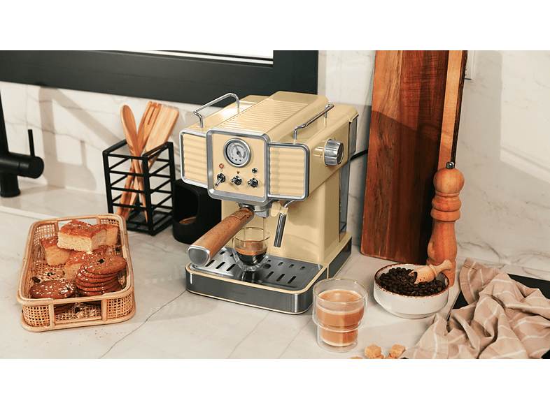 Cafetera express - Cecotec Power Espresso 20 Tradizionale, 20 bar, 1350 W, 1.5 l, 2 tazas, Manómetro, Apagado Automático, Light Yellow