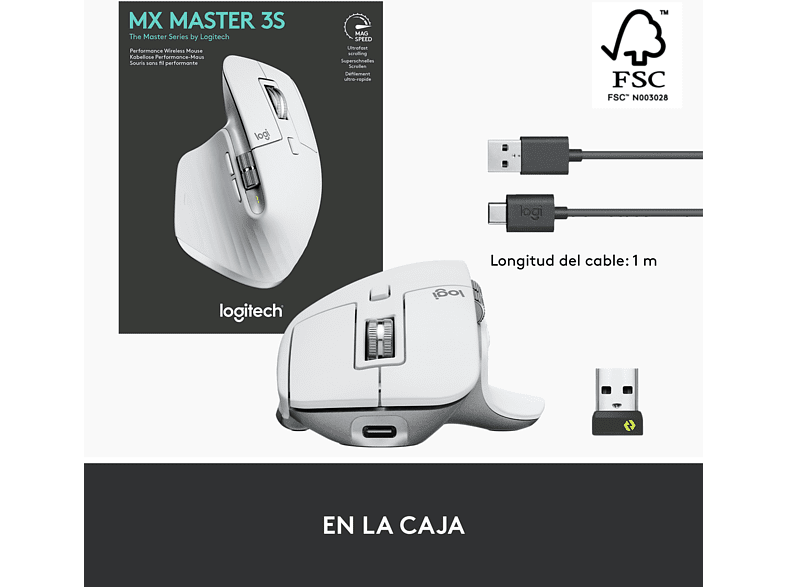 Ratón - Logitech MX Master 3S, Inalámbrico, 8000 ppp, Carga rápida, Blanco