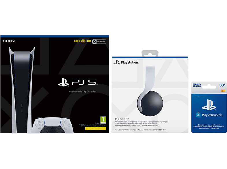 Consola - Sony PS5 Digital C, 825GB, 4K, Blanco + Auriculares gaming Pulse 3D + Tarjeta 50€ PS Store