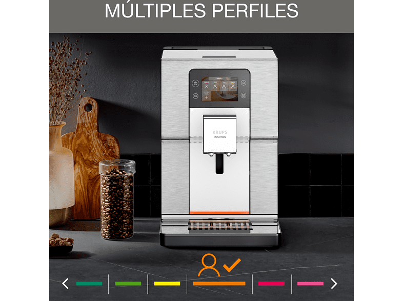 Cafetera superautomática - Krups Intuition Experience + EA877D10, 1550 W, 15 bar, 3 L, 8 perfiles, 3 temp., 2 tazas,  Pantalla táctil, OLED, Metal