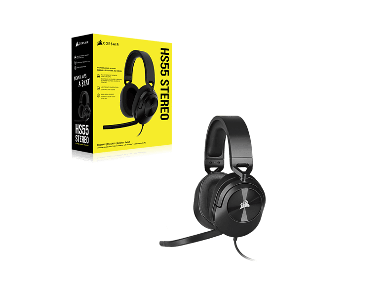 Auriculares gaming - Corsair HS55, Con Cable, Multiplataforma, 3.5 mm, Negro