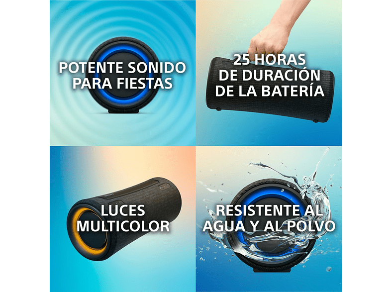 Altavoz inalámbrico - Sony SRS-XG300, Portatil,  Bluetooth, Con iluminación, Resistente al agua, Powerbank, Carga Rápida, 25 Horas, Negro