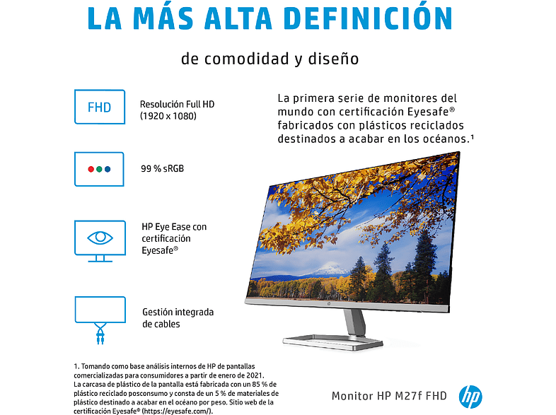 Monitor - HP M27F, 27, Full HD, 5 ms, 50/60 Hz, HDMI, VGA, Negro, Plata