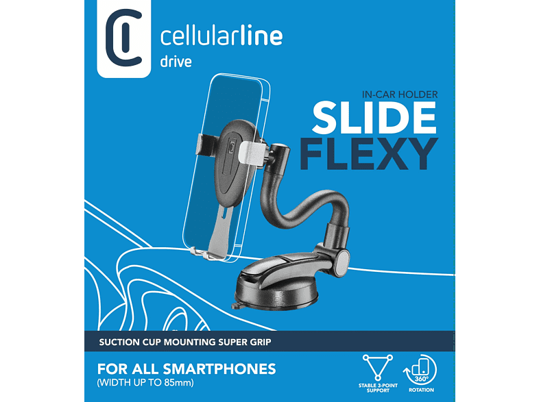Soporte móvil para coche - CellularLine GRAVITYHOLDERWINDK, Rotación de 360°, Flexible, Negro