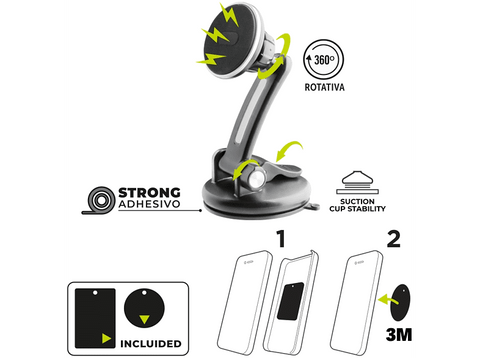 Soporte de móvil para coche - Muvit MCCHL0006, Con Ventosa y Magnético, Universal, Negro