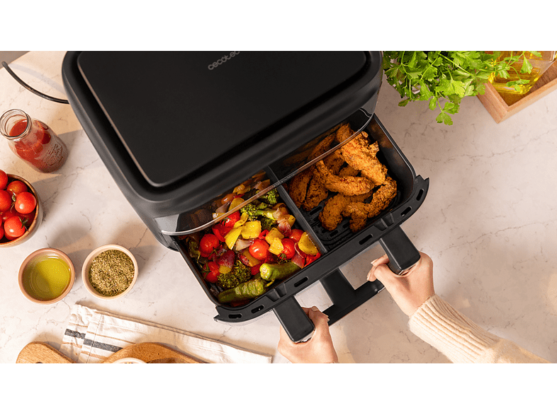 Freidora de aire - Cecotec Cecofry Dual 9000, 2850 W, 9 L, Opción dividir la cubeta en dos de 4.5 L, 6 Modos, Inox