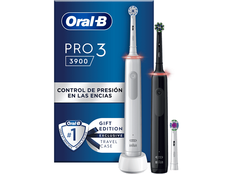 Cepillo eléctrico - Oral-B Pro 3 3900 Dual Pack, Con 3 Cabezales, Diseñados Por Braun, Negro y blanco