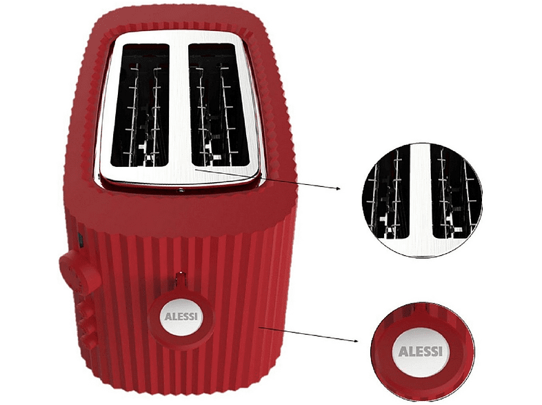 Tostadora - Alessi MDL08 R Plissé, 850W, 2 ranuras, 6 niveles, Para 2 tostadas, Descongelar, Rojo