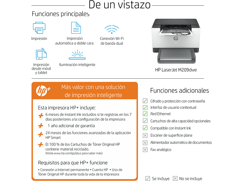 Impresora láser - HP LaserJet M209dwe, Doble cara, 29 ppm, Wi-Fi ™, Monocromo, 6 meses de impresión Instant Ink con HP+