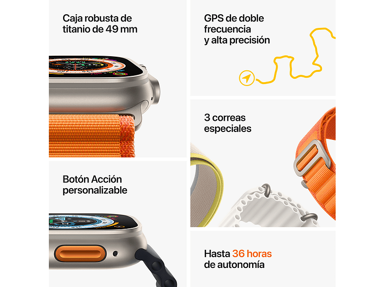 Apple Watch Ultra (2022), GPS + Cellular, 49 mm, Caja de titanio, Cristal de zafiro, Correa Loop Trail en Talla M/L de color Negro/Gris