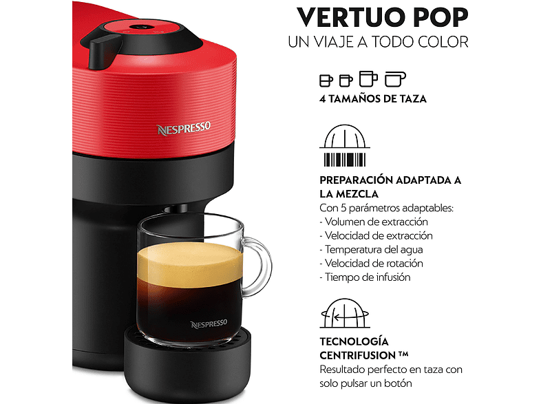 Cafetera de cápsulas - Nespresso® Krups Vertuo Pop XN920510, 1500 W, 0.56 L, Tecnología Centrifusion, Wi-Fi, Spicy Red