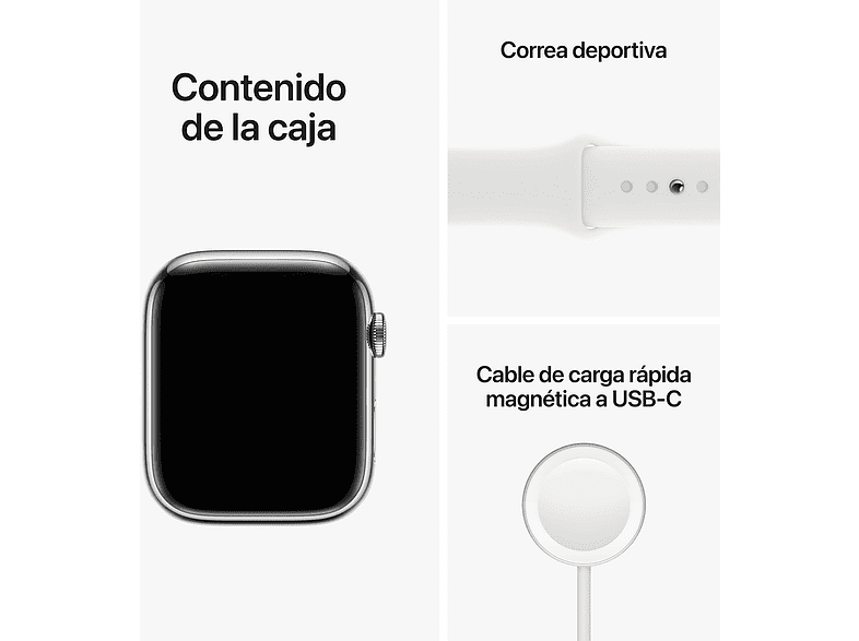 Apple Watch S8 (2022), GPS+CELL, 45 mm,  Caja de acero inoxidable, Vidrio delantero Ion-X, Correa deportiva plata