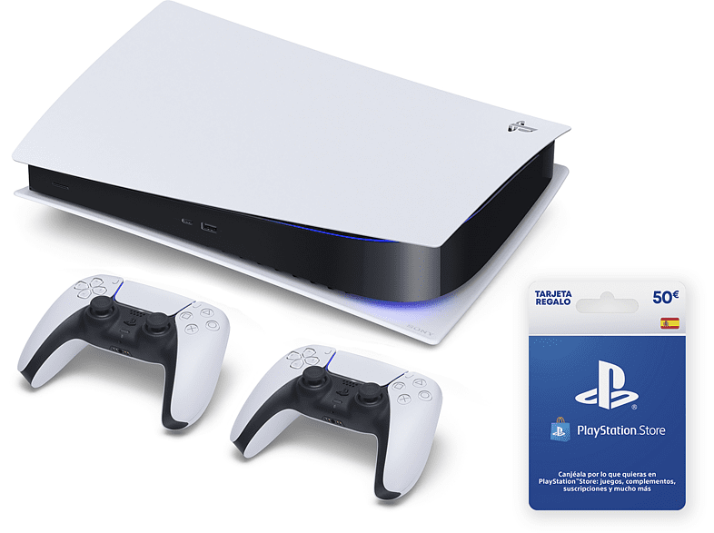 Consola - Sony PS5 Digital Edition C, 825 GB, 4K HDR, Blanco + 1 Mando DualSense™ Extra + Tarjeta 50€ PS Store