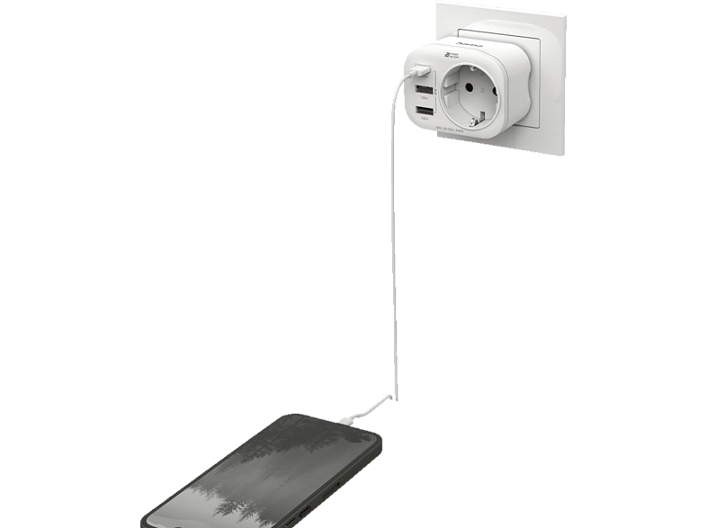 Adaptador de corriente - Hama 00223342, 4 entradas, 1 USB - C, 2 USB -A, 1 Contacto conexión a tierra, 20 W, Blanco
