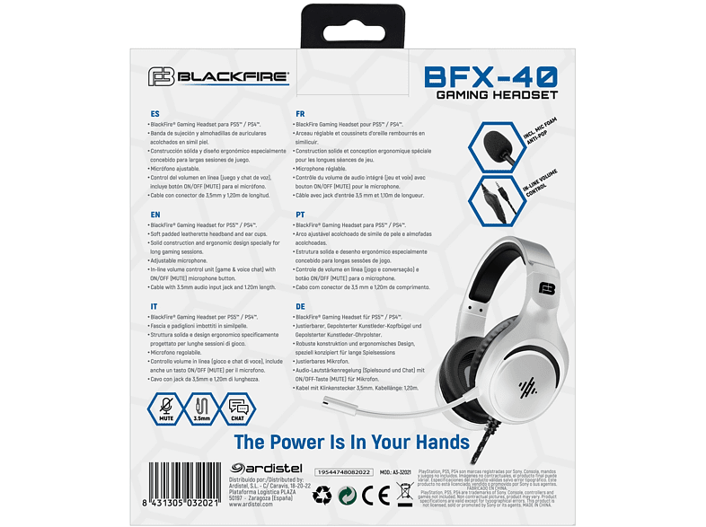 Auriculares gaming - Ardistel BLACKFIRE® Gaming Headset BFX-40, Para PS5™ y PS4™, No Bluetooth, Cable 1.2m, Blanco