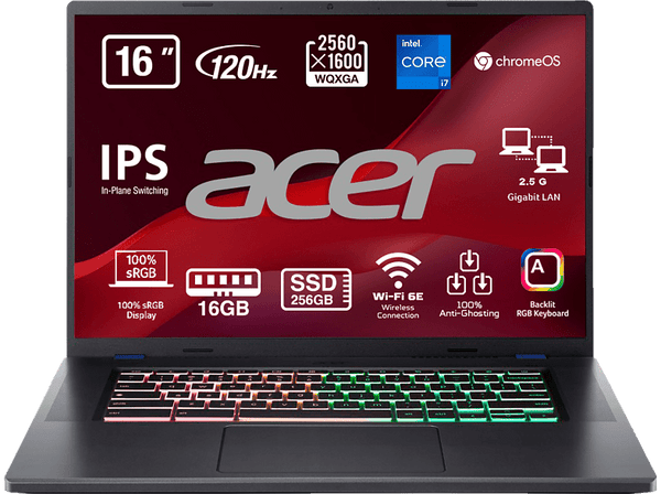 Portátil gaming - Acer Chromebook CBG516-1H-72EW, 16" WQXGA, Intel® Core™ i7-1260P, 16GB RAM, 256GB SSD, Iris® Xe, Chrome OS