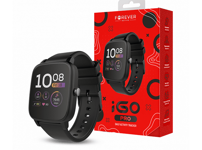 Smartwatch - Forever iGO PRO JW-200, 1.4 TFT, Bluetooth, 22 cm, IP68, Autonomía 10 días, Negro + Correa