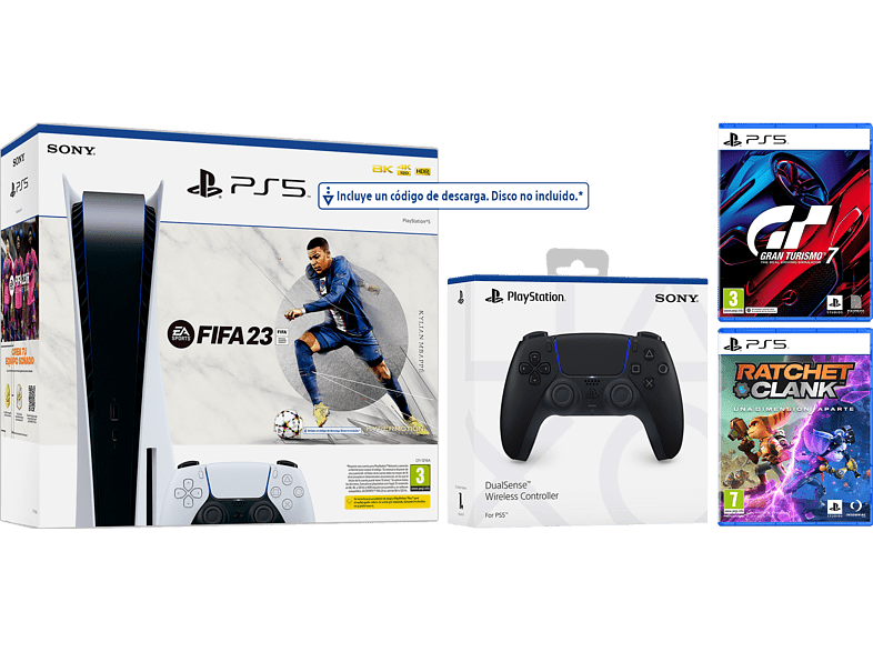 Consola - Sony PS5 Stand C, 825 GB (2 Mandos DualSense™ incluidos, Negro y Blanco) + FIFA 23 (código de descarga) + Gran Turismo 7 + Ratchet & Clank