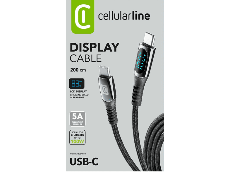 Cable USB - CellularLine USBDATADISC2CTAB2K, Con pantalla, USB-C a USB-C, 2 m, 100 W, Negro