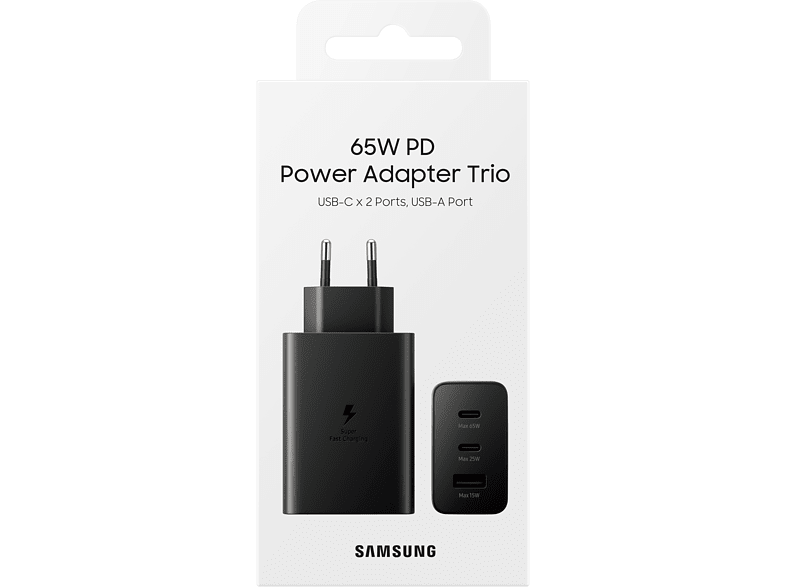 Cargador - Samsung EP-T6530, 65W, De Pared, 2x USB-C/1x USB-A, Carga Rápida, Sin Cable, Negro