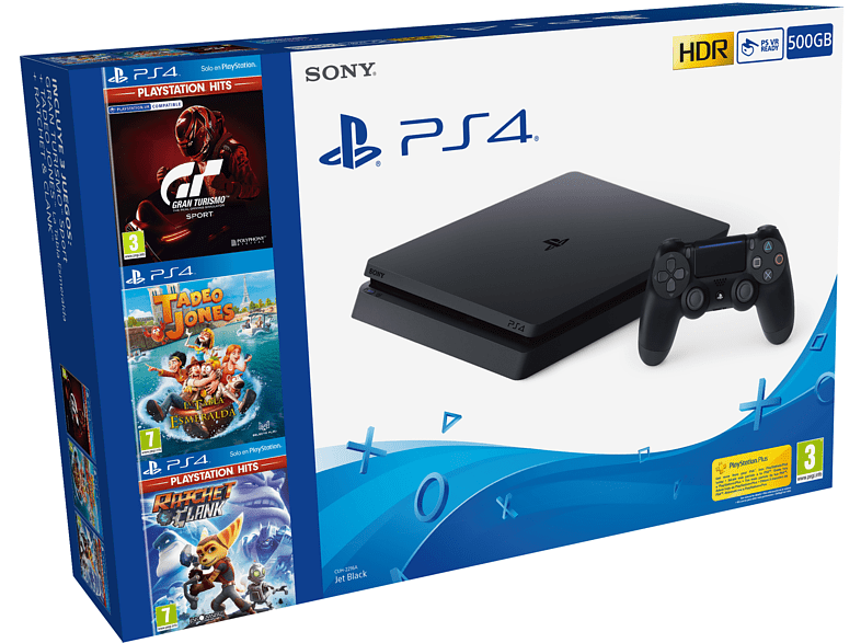 Consola - Sony PS4, 500 GB, Negro + Gran Turismo Sport + Tadeo Jones: La Tabla Esmeralda + Ratchet & Clank