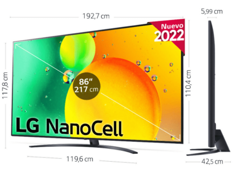TV LED 86 - LG 86NANO766QA, UHD 4K, 86: Procesador Inteligente: α7 Gen5 AI Processor 4K, Smart TV, DVB-T2 (H.265), Azul Oscuro Ceniza