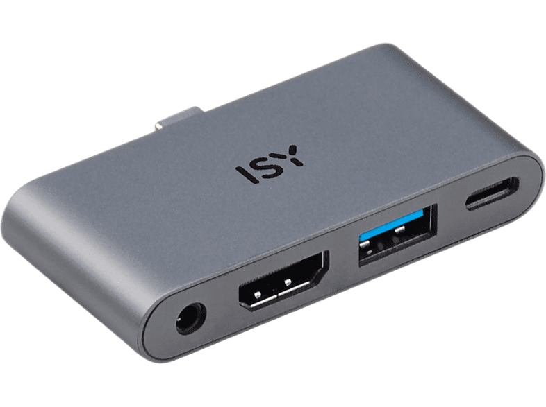 Hub - ISY IAD-1019, Entrada USB-C, Salidas USB-A/ HDMI 2.0, Conexión de audio, Aluminio, Plata