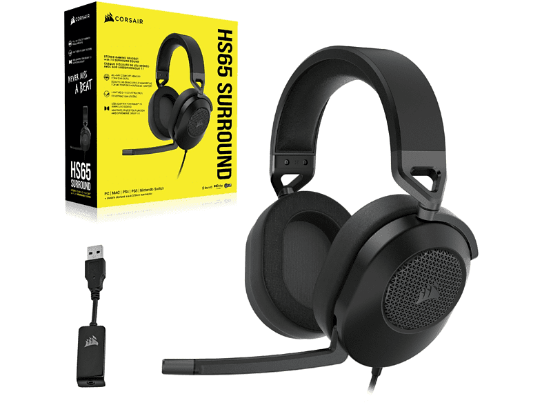 Auriculares gaming - Corsair HS65 Surround, No Bluetooth, Cable 1.8 m, Carbón