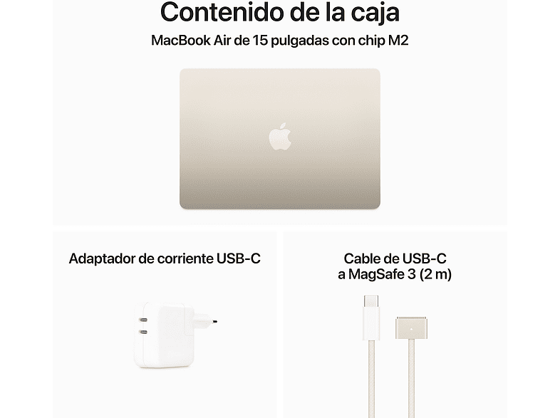 APPLE MacBook Air (2023), 15.3 Retina, Chip M2 de Apple, 8 GB, 256 GB SSD, MacOS, Teclado Magic Keyboard Touch ID, Blanco estrella