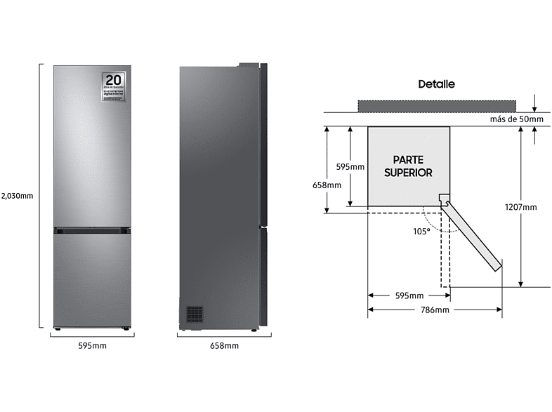 Frigorífico combi -  Samsung BESPOKE SMART AI RB38C7B6BS9/EF, Twin Cooling Plus, 200 cm, 387l, No Frost, Metal Cooling, WiFi, Inox
