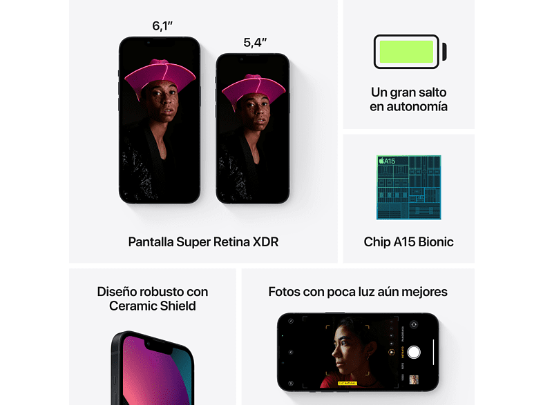 Apple iPhone 13, Medianoche, 128 GB, 5G, 6.1 OLED Super Retina XDR, Chip A15 Bionic, iOS