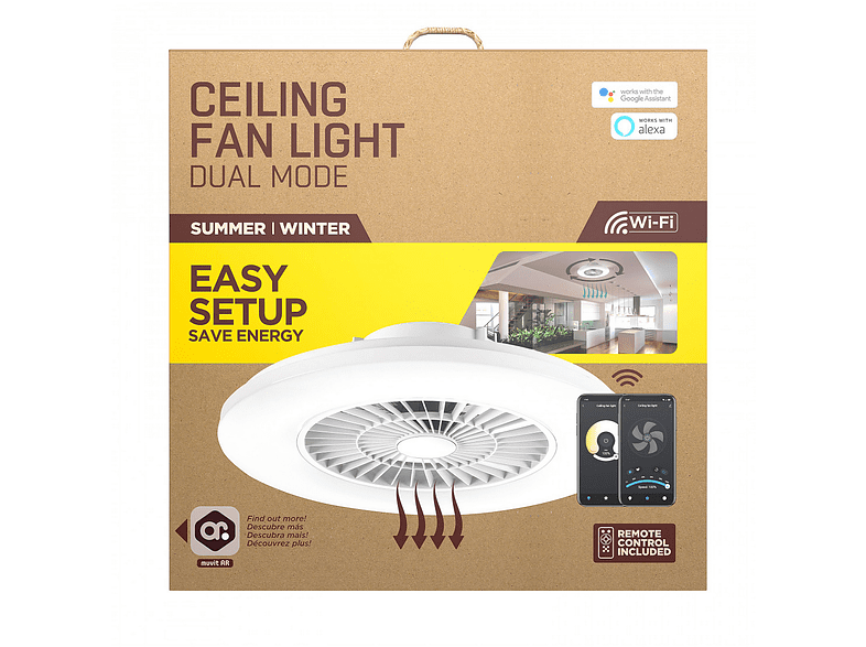 Lámpara - Muvit iO MIOCLF001, De techo, Con ventilador, WiFi, Compatible con Asistentes de Voz, Blanco