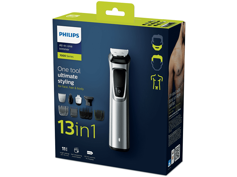 Afeitadora - Philips MG7715/15, Multifunción, Cara/cuerpo/cabeza, 13 en 1, Seco y húmedo, Plata