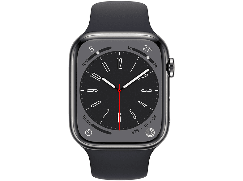 Apple Watch S8 (2022), GPS+CELL, 45 mm,  Caja de acero inoxidable, Vidrio delantero Ion-X, Correa deportiva graphito