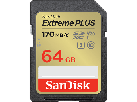 Tarjeta SDXC - SanDisk Extreme PLUS, 64 GB, Vídeo 4k UHD, Hasta 170 MB/s lectura, U3, V30, C10, Multicolor