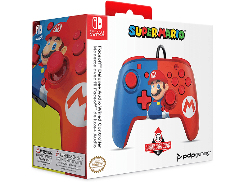 Mando - PDP Faceoff Deluxe Wired Mario Licenciado, Para Nintendo Switch, USB, 3 m, Audio integrado, Multicolor