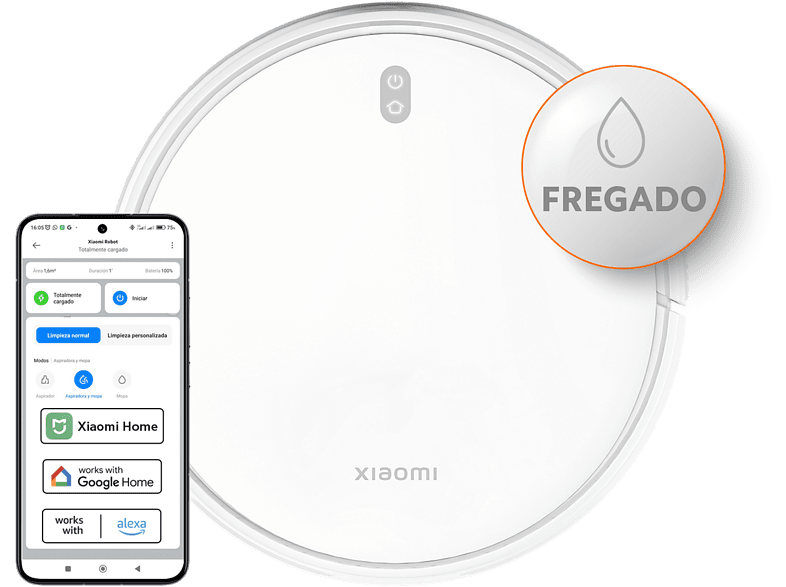 Robot aspirador - Xiaomi Robot Vacuum E12, WiFi, Aspirador y mopa, Tecnología giroscópica, Autonomía 110 min, Control por app, Blanco
