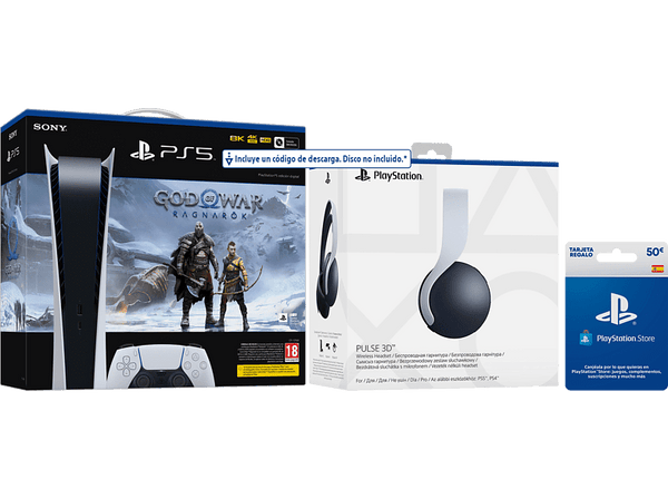 Consola - Sony PS5 Digital C, 825GB, 4K, Blanco + Auriculares gaming Pulse 3D + Juego God Of War: Ragnarok (código descarga) + Tarjeta 50€ PS Store