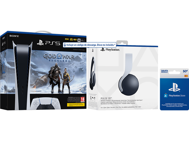 Consola - Sony PS5 Digital C, 825GB, 4K, Blanco + Auriculares gaming Pulse 3D + Juego God Of War: Ragnarok (código descarga) + Tarjeta 50€ PS Store