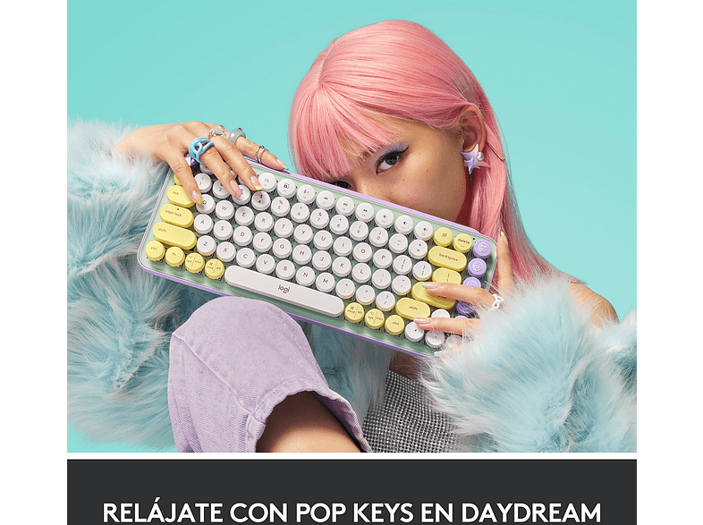 Teclado - Logitech POP Keys, Inalámbrico, Bluetooth, USB, Mecánico, QWERTY, Con teclas Emoji, Daydream