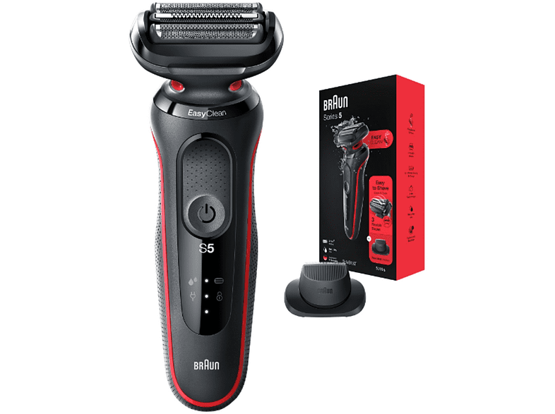 Afeitadora - Braun Series 5 51-R1200s, 3 Cuchillas, EasyClick, EasyClean,SensoFlex, Wet & Dry, Accesorio para corte de pelo, Rojo