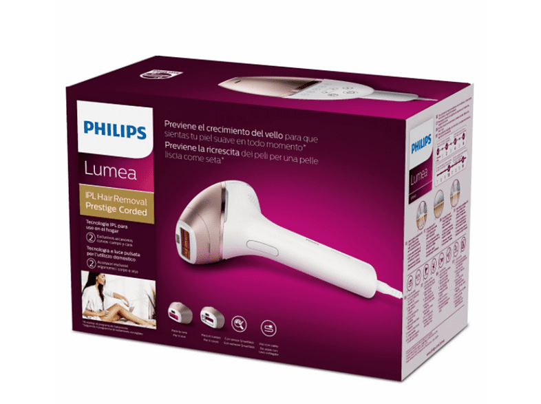 Depiladora IPL - Philips Lumea Prestige BRI945/00, Luz pulsada, 450.000 pulsos, Sensor SmarSkin 2 accesorios