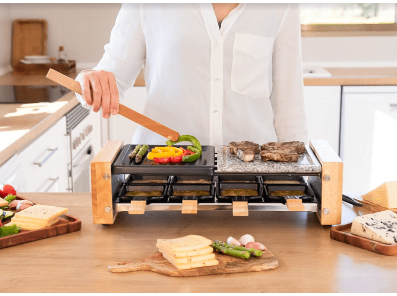 Raclette - Cecotec Cheese&Grill 8400 Wood MixGrill, 1200 W, 8 Sartenes, Antiadherente, Negro