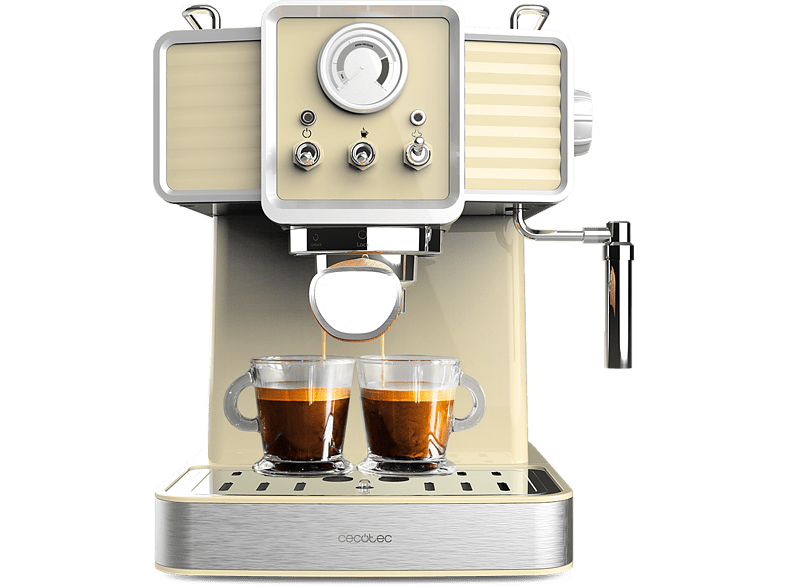 Cafetera express - Cecotec Power Espresso 20 Tradizionale, 20 bar, 1350 W, 1.5 l, 2 tazas, Manómetro, Apagado Automático, Light Yellow