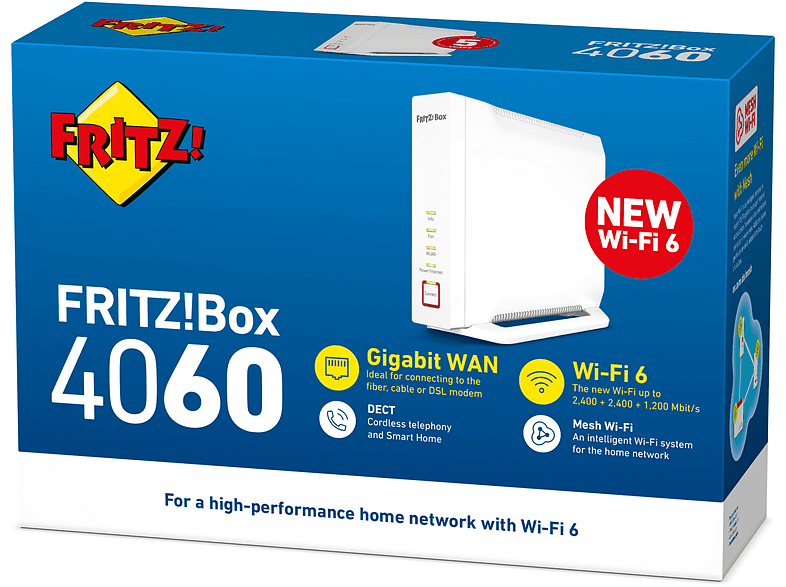 Router inalámbrico - AVM FRITZ!Box, Triple Banda, 2400 mbps, 4x4 MIMO, Wi-Fi 6, LAN, WAN, Base DECT, Blanco