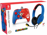 Auriculares gaming - PDP Bundle Super Mario Bros (LVL40 + Rematch), Micrófono integrado, Para Nintendo Switch, Rojo/Azul