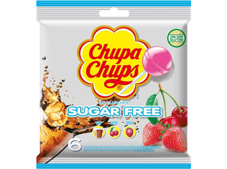 Caramelos - Chupa Chups, Con Palo, Sin Gluten, Sin azúcar, Sabor Cola, Cereza y Fresa, 6 unidades, 66g