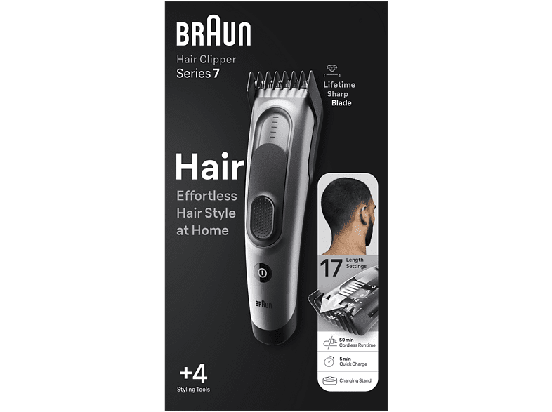 Cortapelos - Braun Series 7 HC7390, 17 Ajustes, 2 Peines, Memoria SafetyLock, 50 min autonomía